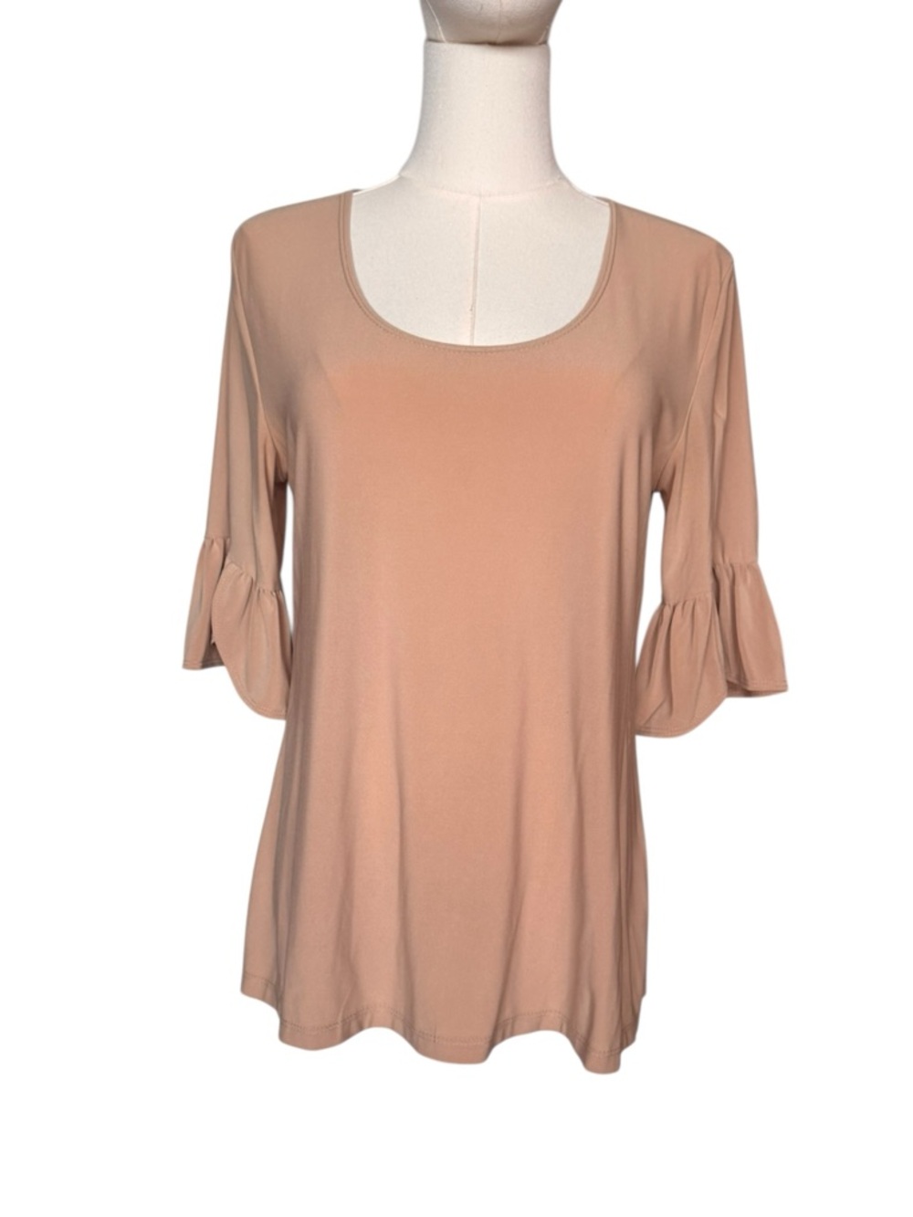 🔵 3/ $15 - Slinky Brand Tan Scoop Neck Tulip Sleeve Top - Size XS